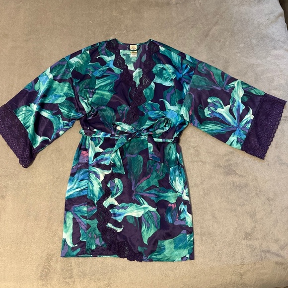 In Bloom by Jonquil Set Robe Slip Nightgown Med Large Purple Lace Teal Floral - Picture 2 of 14